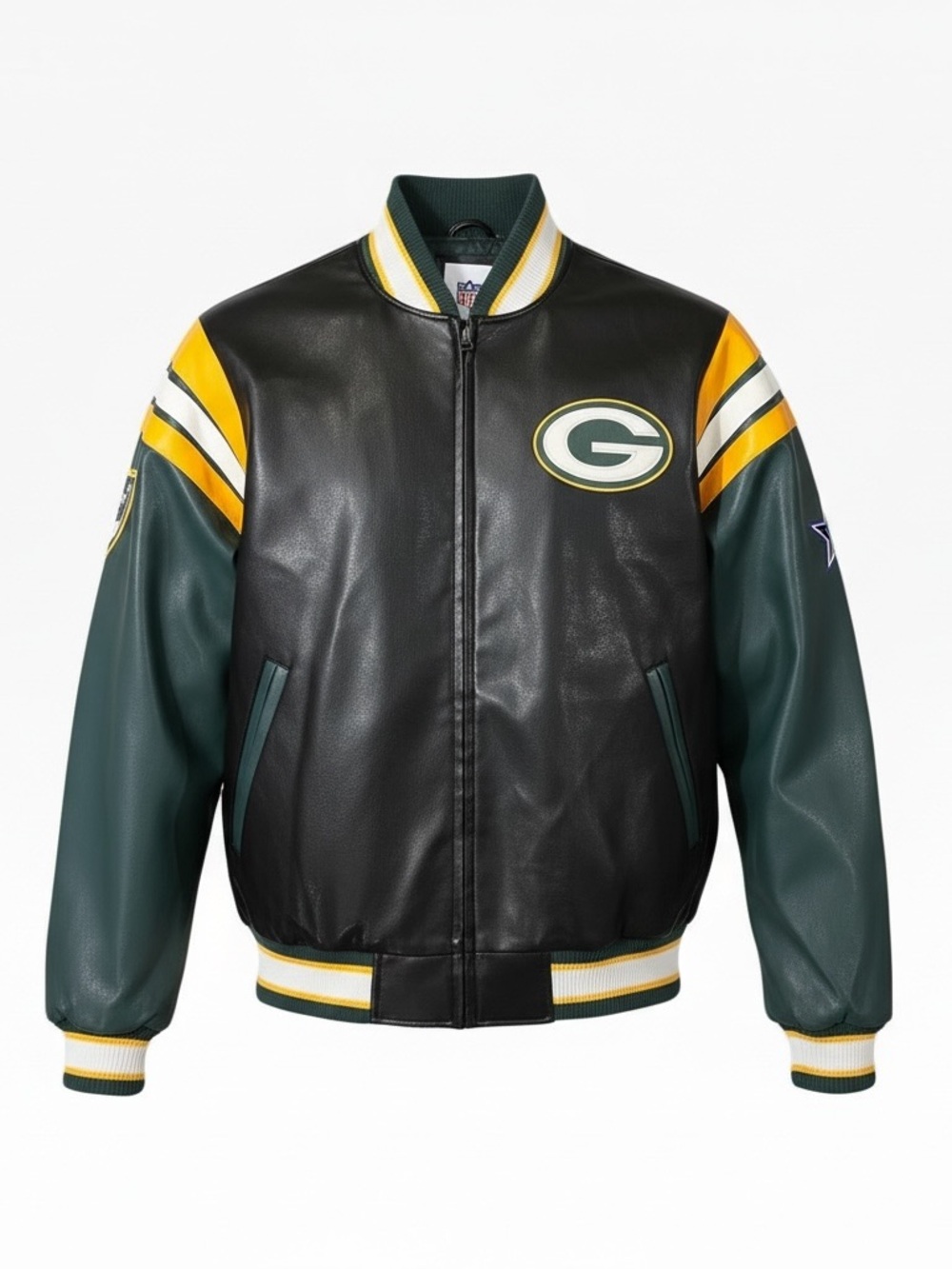 NFL Green Bay Packers Faux Leather Varsity Bomber Jacket Green Black